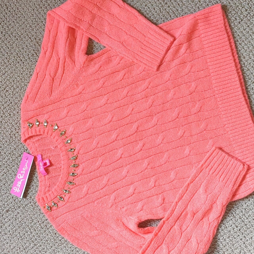 Lilly Pulitzer Dario Rhinestone Embellished Coral Scoop Neck Cable Knit Sweater - Picture 10 of 13
